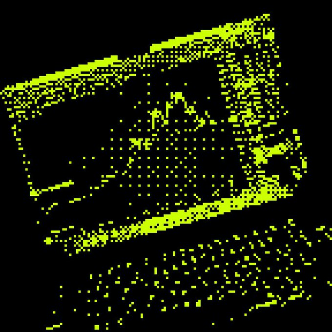 A highly pixelated, low-resolution yellow and black graphic that is too distorted to clearly identify.