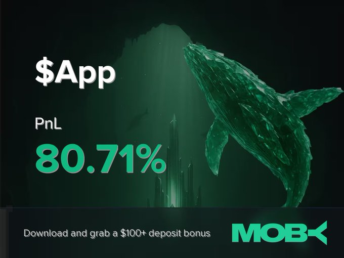 A promotional graphic for Moby Mobile featuring a low-poly green whale emerging from a dark underwater scene, highlighting a trader who closed a $App position with an impressive +80.71% PnL. The ad promotes downloading the app for a $100+ deposit bonus, tying into Moby's tracking of the token's rise from $135.22K to $835.68K market cap.
