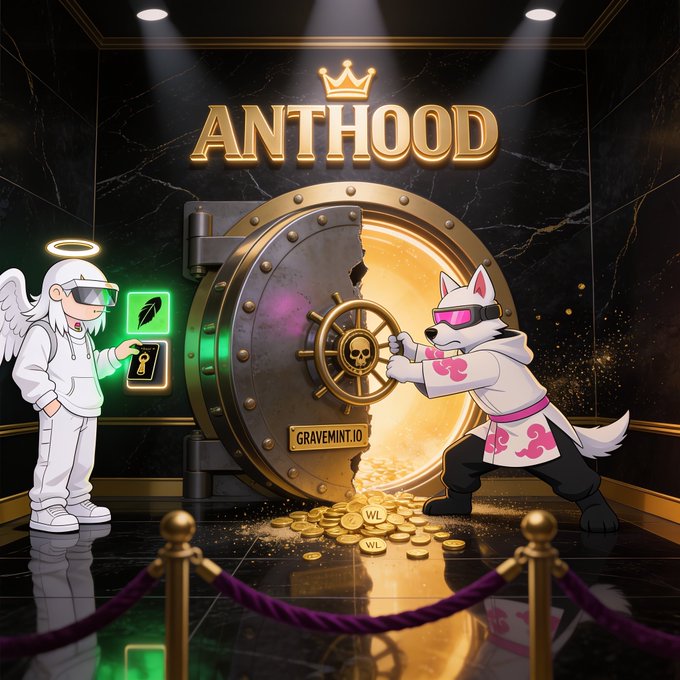 A character in a white hoodie with angel wings and a halo presses a glowing green button beside a massive gold vault door labeled "ANTHOOD," while an anthropomorphic white fox in pink-tinted sunglasses grips a skull-emblazoned ship's wheel amid piles of gold coins marked "WL" — capturing the "Wheel Spins Again" giveaway moment for 1 Gravemint.io WL spot for the KingAnt mint on Robinhood Crypto.
