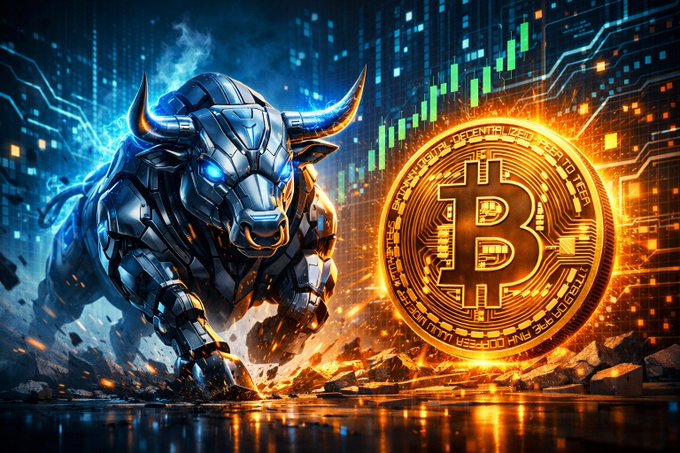 A futuristic armored bull charges toward a glowing Bitcoin token, with green price-chart bars rising in the background—symbolizing a bullish surge toward the post’s $100K-by-month-end prediction. The Bitcoin “₿” symbol is prominently displayed.