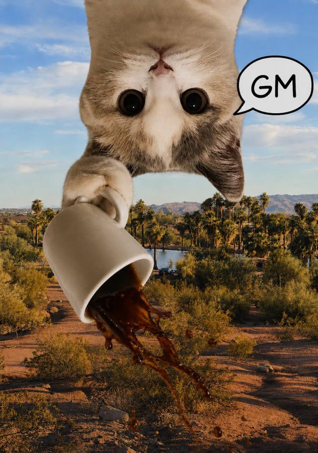 The image features a cat holding a coffee cup upside down, which has coffee spilling out of it. The caption below the photo reads "GM. Did you know that Upside Down Cat was the first deployed token pair on pumpfun with $USDC?". This is an interesting connection between the cat and the post about the Upside Down Cat token.