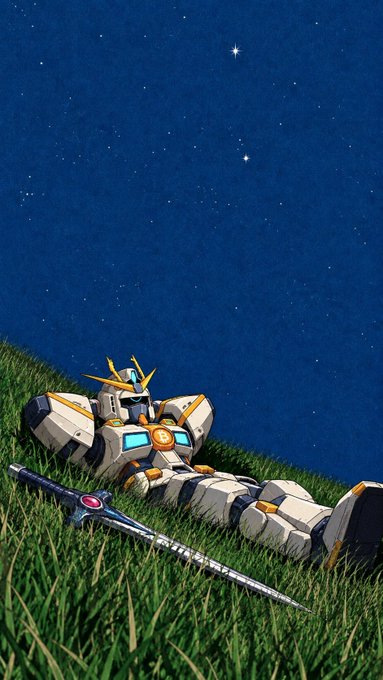 A digital artwork or diorama featuring a Gundam-style mecha figure reclining in green grass under a starry night sky, holding a glowing sword.
