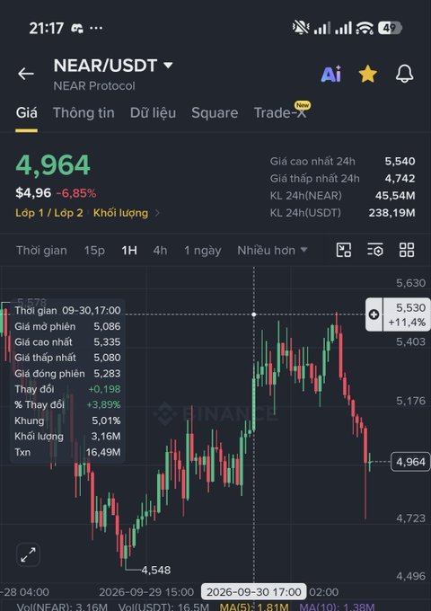 A cryptocurrency trading app showing NEAR/USDT (NEAR Protocol) trading at $4.96, down 6.85%, with a candlestick chart displaying 24h high of 5,540 and low of 4,742, 24h volume of 238.19M USDT.