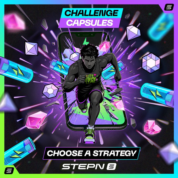 A vibrant cyberpunk-style advertisement for STEPN featuring a runner bursting through a smartphone screen, surrounded by glowing energy capsules and the text 'CHALLENGE CAPSULES' and 'CHOOSE A STRATEGY'.