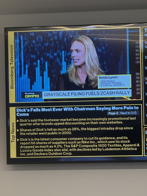 A Bloomberg Television screen displays Grayscale's Krista Lynch (Head of Trading & Capital Markets) discussing how Grayscale's filing for a ZCash Trust has fueled a rally in ZCash, alongside a separate headline about Dick's Sporting Goods shares falling 28% following CEO comments about a promotional footwear market. The image aligns with the post, showing Lynch speaking on Bloomberg about Grayscale's new ZCash ETF/trust filing.