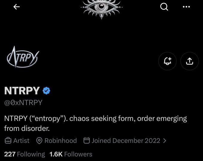 A Twitter/X profile page for the user NTRPY (@0xNTRPY), with the bio reading 'NTRPY ("entropy"). chaos seeking form, order emerging from disorder,' showing 227 Following and 1.6K Followers.