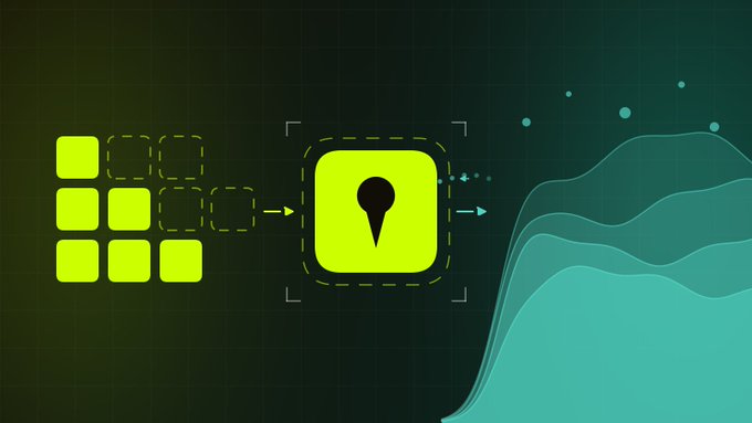 A stylized graphic showing a grid of yellow squares on the left, with some squares transforming via an arrow into a highlighted yellow square containing a location pin icon in the center, which then points with another arrow to layered teal wavy hills on the right, set against a dark green grid background.
