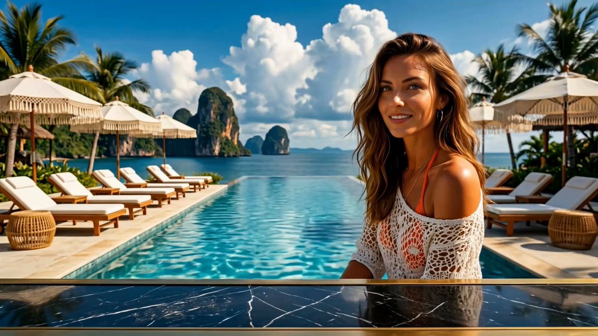A woman with long brown hair in a white crochet cover-up poses at a luxurious infinity pool overlooking tropical limestone cliffs and palm-fringed beaches, evoking the exotic getaway vibe suggested by the post promoting $STRC.