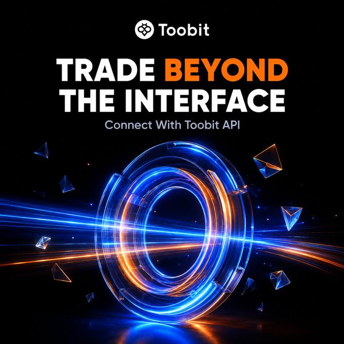The image features a sleek promotional graphic for Toobit, with the Toobit logo and the bold tagline "TRADE BEYOND THE INTERFACE — Connect With Toobit API," set against a dynamic background of swirling blue and orange light trails forming a glowing portal-like ring, surrounded by floating geometric shards.

The post highlights the flexibility of integrating Toobit's API for automated and customized trading, which aligns with the image's futuristic, tech-forward design that visually emphasizes seamless connectivity and advanced trading capabilities.