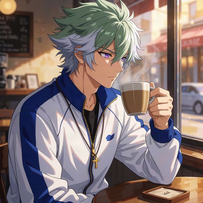 An anime-style illustration of a young man with green and white hair, purple eyes, wearing a white and blue jacket with a cross necklace, drinking from a mug in a cafe.
