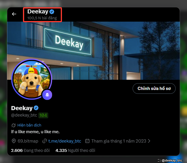 A social media profile page for 'Deekay' (@deekay_btc) highlighted with a red box, showing a verified badge, '100.5 N bài đăng', and the bio 'if u like meme, u like me.'