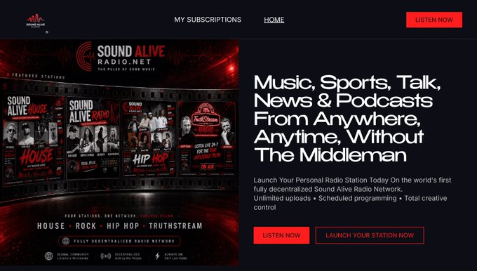 A website screenshot for Sound Alive Radio.Net, a fully decentralized Sound Alive Radio Network offering music, sports, talk, news, and podcasts, with a 'LISTEN NOW' button and featured stations including House, Rock, and Hip Hop.