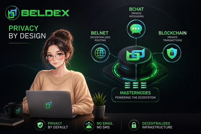 Promotional graphic for 'BELDEX - PRIVACY BY DESIGN' featuring an anime-style woman at a laptop, with icons highlighting BelNet, BChat, Blockchain private transactions, and Masternodes.