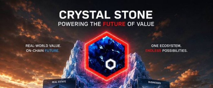 A promotional banner for 'CRYSTAL STONE' with the tagline 'POWERING THE FUTURE OF VALUE', featuring a glowing blue hexagonal crystal against a dramatic cloudy sky.