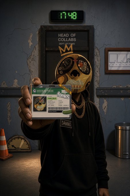 A character wearing a decorative gold mask and black hoodie stands before a door labeled "HEAD OF COLLABS DEPT OF FOMO," holding up an "ACCESS PASS" and "CLUB FOMO" ID card featuring his own face, with a digital clock reading 17:48 above the doorway.