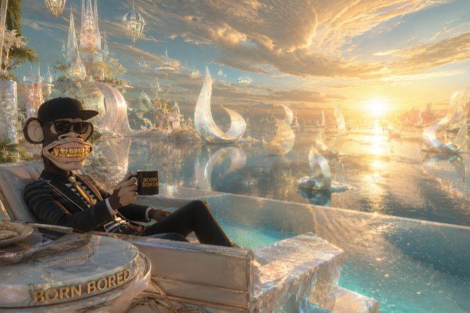 A "Born Bored" ape NFT lounges on a crystal throne by a golden ocean at sunset, holding a "Born Bored" mug, with the words "BORN BORED" engraved on the side table—evoking the luxurious, slow-paced, victorious energy of a Saturday Web3 champion finding their flow one moment at a time.