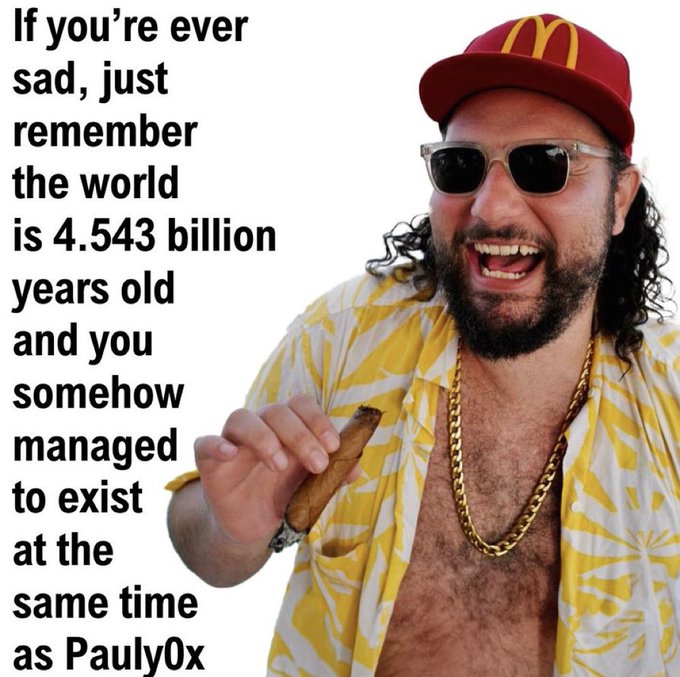 The image features a man wearing a McDonald's-themed cap, sunglasses, a gold chain, and a yellow palm-patterned open shirt, smiling while holding food. Pauly0x appears in the top right corner with overlay text reading "If you're ever sad, just remember the world is 4.543 billion years old and you somehow managed to exist at the same time as Pauly0x."

The post claims Pauly0x is the pseudonymous creator of a major memecoin, asserting he forked the project to flip its market cap in 68 hours to prove his authorship—a typical flex common in memecoin culture.