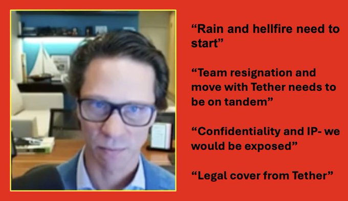 The image features a man wearing glasses, sitting next to a couch with a book nearby. The background of the image shows a red frame around a photo of the man's face. Below this image, there is text that reads "Mallers will have to ask his new overseer @alphazeta first." This suggests that the man might be involved in some sort of business or legal matter and needs to consult with someone named "@tether" before proceeding further.