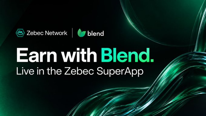 A Zebec Network promotional graphic featuring the Zebec and Blend logos with the text "Earn with Blend. Live in the Zebec SuperApp" against a dark green abstract background with flowing light effects, advertising Blend Yield—non-custodial yield strategies for stablecoins and ETH now available within the Zebec SuperApp's Earn section.