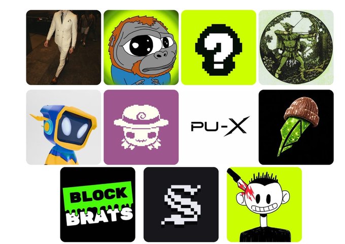 A collage displays NFT project icons including "BLOCK BRATS," "PU-X," a question mark placeholder, a green acorn, and various character art, visually representing the featured and potential NFT projects (Spritehoodio, Suits, and Block Brats) listed in the post.