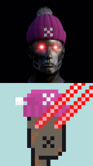 A 3D-rendered robotic figure with glowing red eyes wears a pink beanie with a pixel logo, paired with a pixel art version below showing a similar character shooting red laser beams.