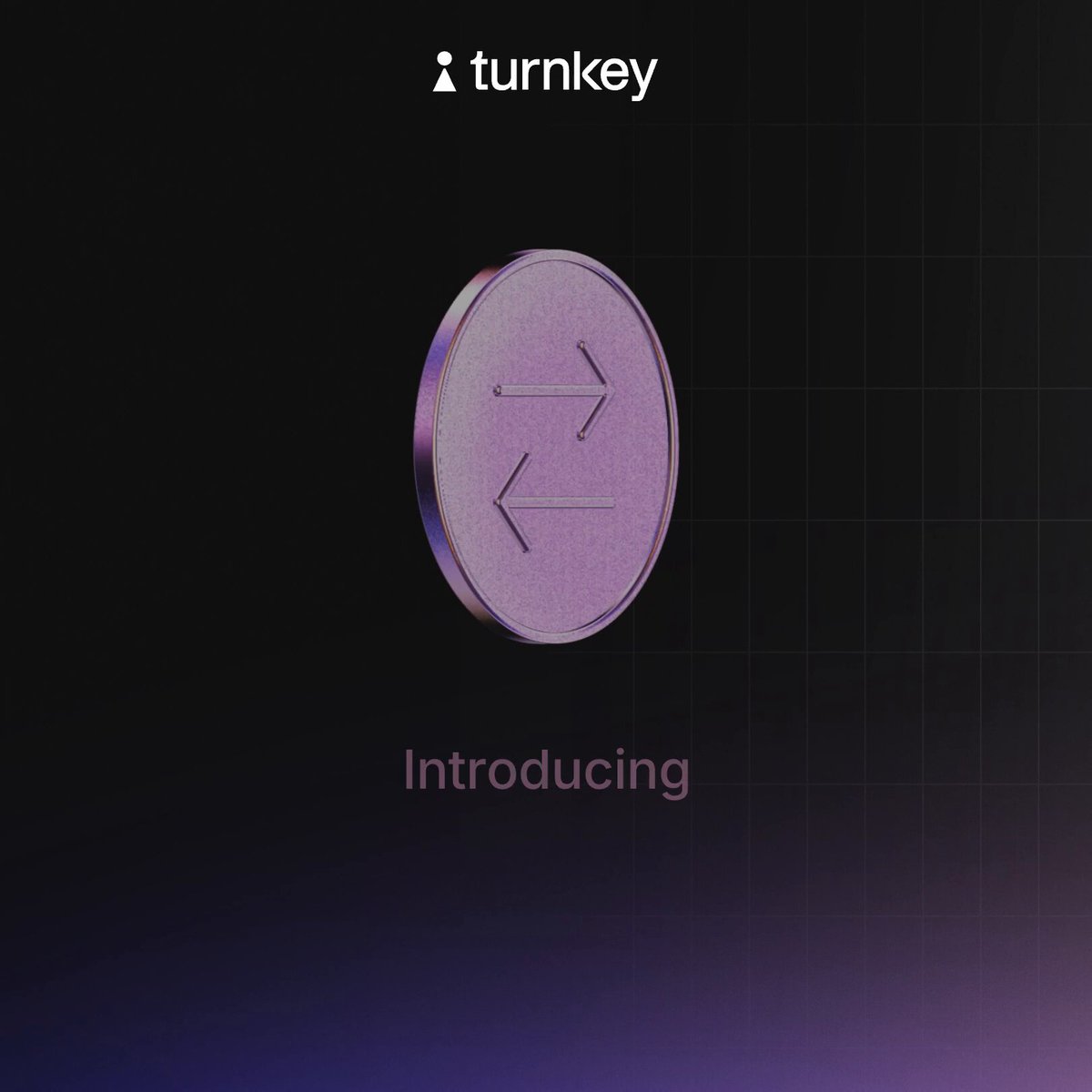 The image features a purple coin with an arrow pointing left and right, which is the main focus of the image. The background of the image is black, making the purple coin stand out prominently. Below the coin, there's text that reads "Introducing" in white letters. This suggests that the image might be related to a new feature or functionality being introduced by Turnkey.