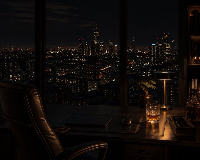 A dimly lit home office or study at night features a leather chair, a desk lamp, a whiskey glass, and a laptop, with a panoramic window view overlooking a glowing city skyline.