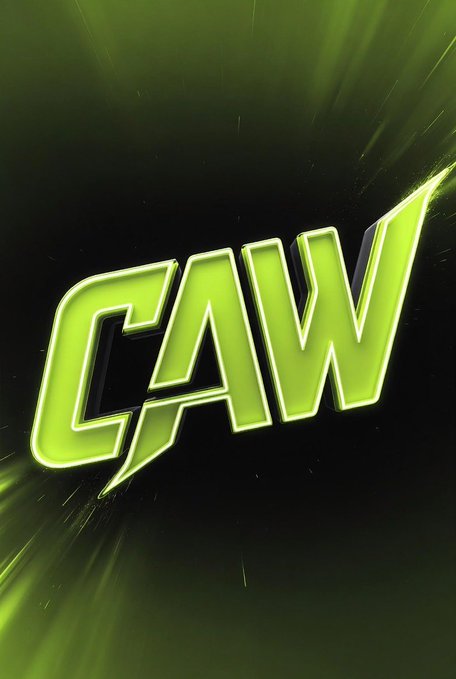 A stylized neon green 'CAW' logo with a lightning bolt, set against a dark background with radiating light streaks.