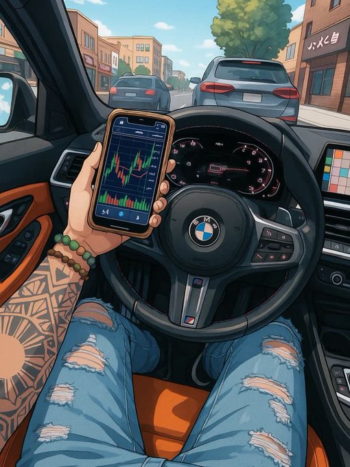 A first-person illustrated view from inside a BMW, showing a tattooed arm holding a smartphone with stock charts displayed, with a road and other cars visible through the windshield.