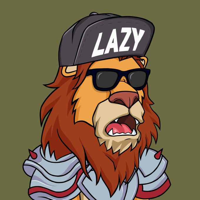 A cartoon lion with a flowing red mane wears sunglasses, shoulder armor, and a black cap emblazoned with the word "LAZY," matching the Lazy Lion NFT theme. The character's grumpy expression embodies the rebellious attitude of "I don't make the rules" as mentioned in the post.