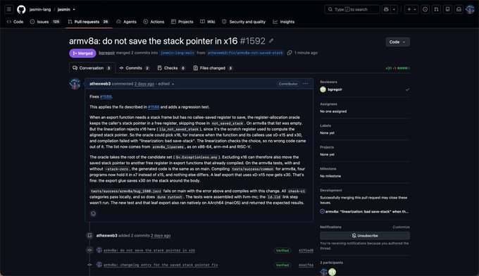 The image shows a GitHub pull request page from the jasmin-lang/jasmin repository, specifically PR #1592 titled "armv8a: do not save the stack pointer in x16 #1592," which has been merged by contributor athewes83. The pull request addresses a bug fix for the ARMv8a architecture's export functions, and the image relates to the post by showcasing the actual merged contribution to the Jasmin programming language.