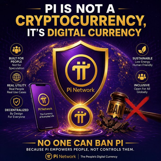 A promotional graphic for Pi Network stating "PI IS NOT A CRYPTOCURRENCY, IT'S DIGITAL CURRENCY" and "NO ONE CAN BAN PI BECAUSE PI EMPOWERS PEOPLE, NOT CONTROLS THEM," with a gavel marked "BAN" crossed out and features like "BUILT FOR PEOPLE," "REAL UTILITY," and "SUSTAINABLE."