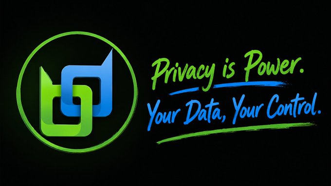 A logo with green and blue interlocking shapes next to the text 'Privacy is Power. Your Data, Your Control.' on a black background.