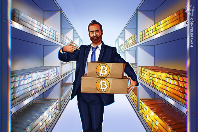A Cointelegraph illustration depicting a businessman in a suit carrying cardboard boxes marked with the Bitcoin logo, walking through a vault filled with gold bars.