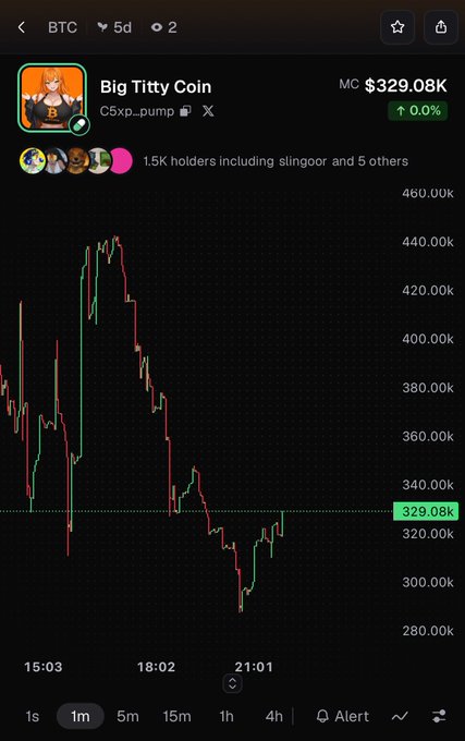 A cryptocurrency price chart for 'Big Titty Coin' showing a market cap of $329.08K with green and red candlestick price action on a 1m timeframe.