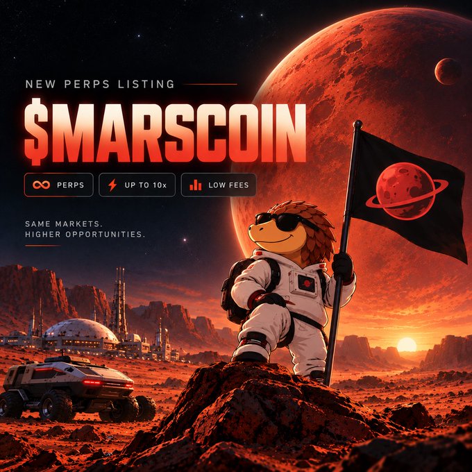 A promotional graphic for a new perpetual futures listing called "$MARSCOIN," featuring an astronaut hedgehog planting a flag on Mars with a rover and Mars base in the background, advertising up to 10x leverage and low fees.