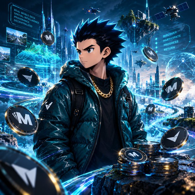An anime-style illustration of a young man in a teal puffer jacket and gold chain standing before a futuristic cityscape with floating crypto coins bearing 'M' logos and text like 'DISCOVER PARTICIPATE PROGRESS RETURN'.