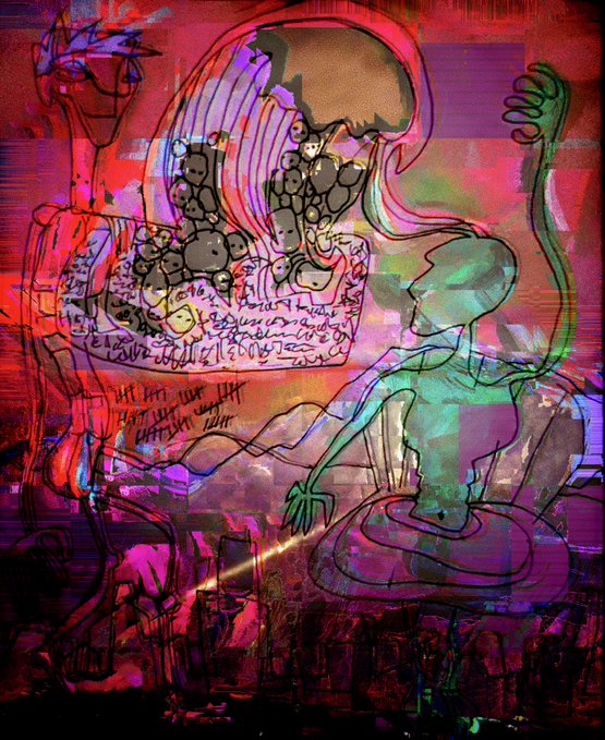 A vibrant, surreal digital artwork featuring distorted figures and scribbled text rendered in neon pinks, purples, and greens against a glitchy background. The piece, titled "75UN4M1" and inspired by childhood nightmares, is a unique edition ($ETH) listed on @forever_library.