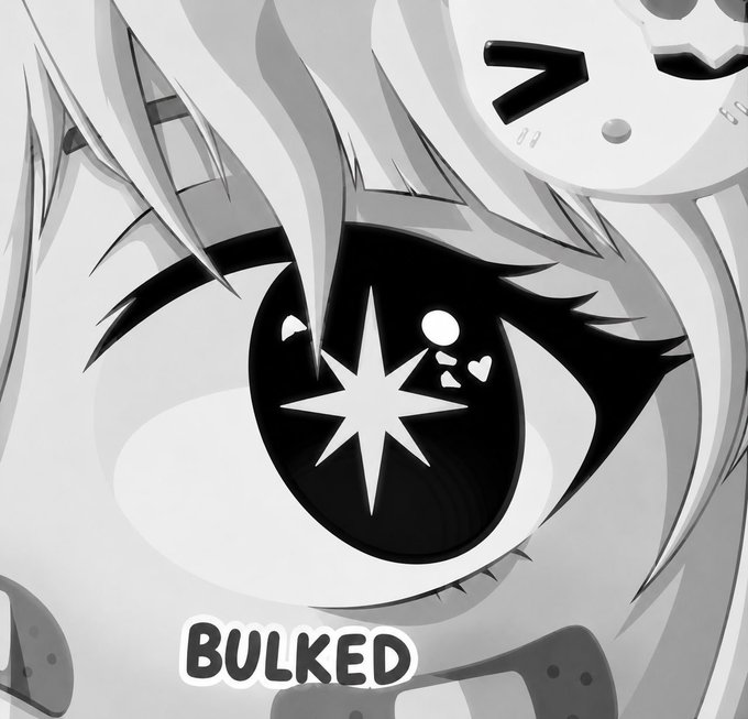 A black-and-white close-up of a wide anime-style eye with a star-shaped pupil, accompanied by the text "BULKED," fitting the post's "Aura Day" theme with a playful meme aesthetic.