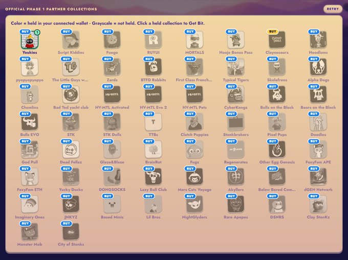 A screenshot showing the 'OFFICIAL PHASE 1 PARTNER COLLECTIONS' interface with various NFT collections like 'Yoodles', 'MORTALS', 'Hoojie Bonus Pass', and 'Bears on the Block', many with 'BUY' or 'BUY INFINITE' badges.
