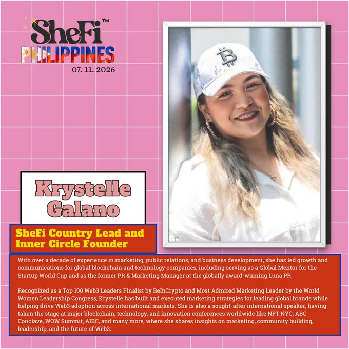 A promotional poster for "SheFi Philippines" dated 07.11.2026 featuring Krystelle Galano, described as "SheFi Country Lead and Inner Circle Founder," with a biographical text block.