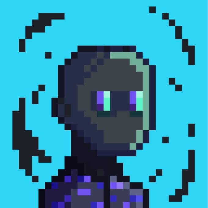 A pixel art depiction of a dark, hooded robotic or armored figure with glowing purple-blue eyes set against a vibrant teal background with scattered dark pixel fragments. The image visually represents the rare "Spectre" NFT character mentioned in the post, highlighting the distinctive dark, mysterious aesthetic of the HaloNodes collection.