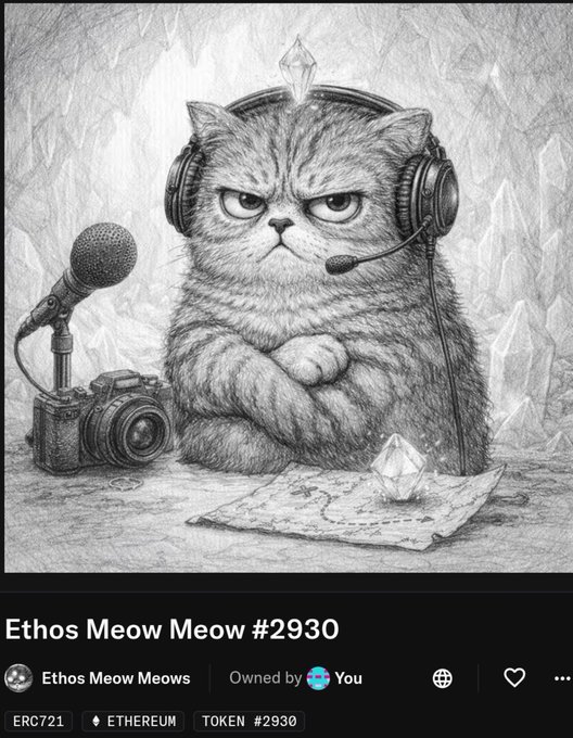 NFT listing titled "Ethos Meow Meow #2930" by Ethos Meow Meows, owned by You, showing a pencil-drawn grumpy cat wearing headphones with a microphone, camera, and crystals (ERC721, ETHEREUM).