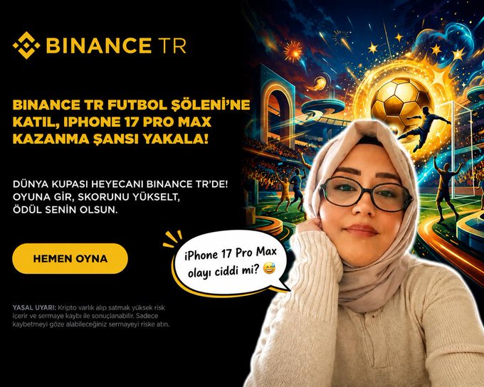The image features a woman wearing glasses and a headscarf posing with her hand on her face while looking at the camera. The background of the photo shows an illustration of a soccer field, indicating that they are promoting a football festival or event related to the sport. The text in the image reads "BinanceTR From June 11-25, you rack up goals and collect points with 8 daily game rights", which suggests that the woman is participating in a competition where she needs to accumulate goals and points for her team.