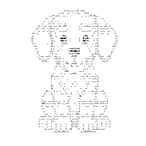 A portrait of a smiling child rendered entirely in black and white ASCII art on a plain white background.