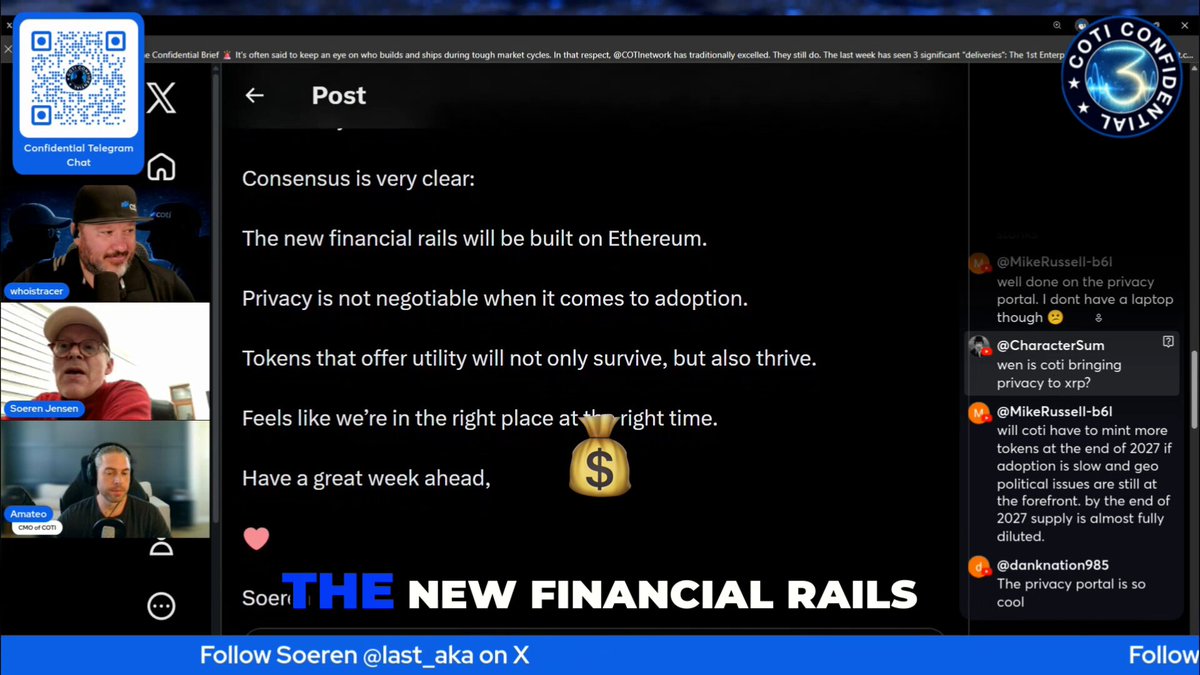 The image shows a screenshot of a social media platform where a post has been made about the importance of privacy. The post includes a link to an article titled "The New Financial Rail" that discusses the significance of privacy for financial institutions. The post also mentions a privacy report by @COTInetwork, which highlights the need for privacy in today's digital age.