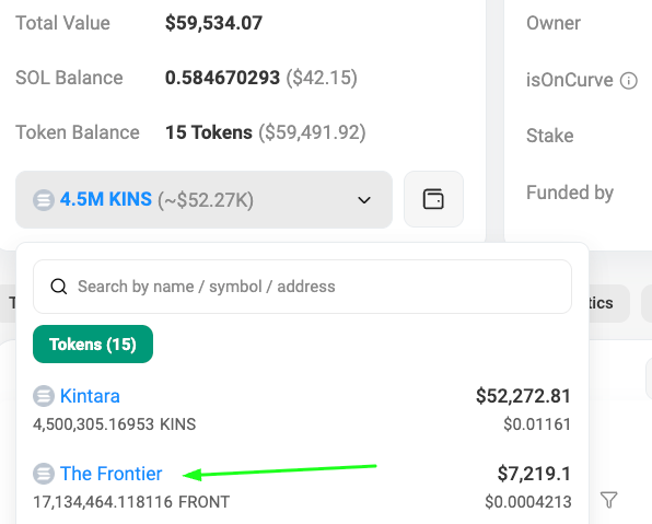 A screenshot of a Solana wallet showing a total balance of $59,534.07, including 0.584670293 SOL ($42.15) and 15 tokens worth $59,491.92, with notable holdings being 4.5M KINS (Kintara) valued at $52,272.81 and 17.1M FRONT (The Frontier) at $7,219.1.

The image appears to showcase the poster's crypto wallet holdings as proof of funds to attract engagement for their $15 giveaway, where participants are asked to like, retweet, and comment with their Solana addresses.