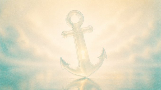 A semi‑transparent, glass‑like anchor rests on a smooth, reflective surface beneath a soft, cloudy sky, with no visible text, numbers, tickers, or names. The anchor serves as a visual metaphor for the stable, long‑term commitment described in the accompanying post about the community’s passionate team.