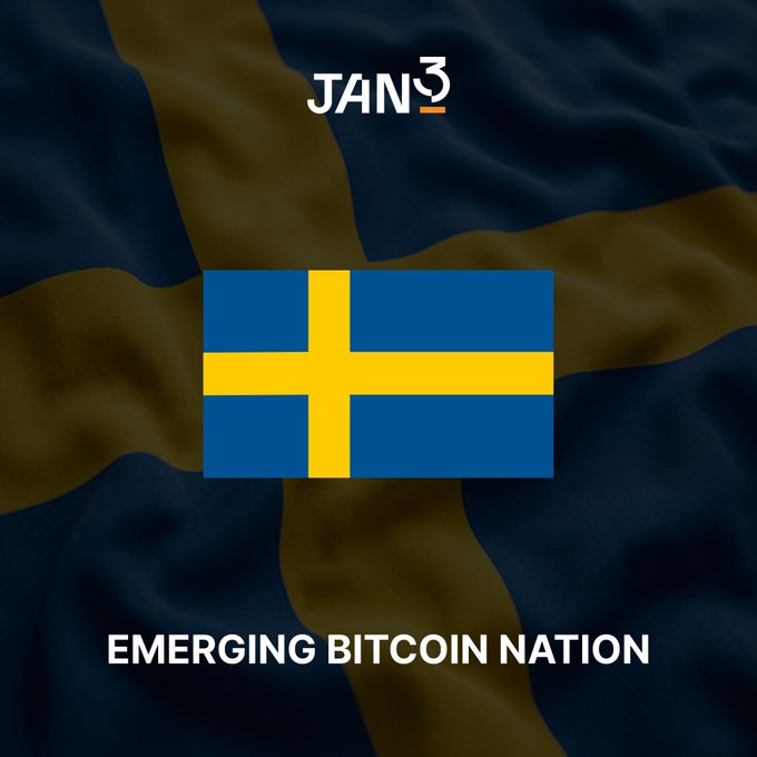 A graphic featuring the Swedish flag with the text 'JAN3' at the top and 'EMERGING BITCOIN NATION' at the bottom.
