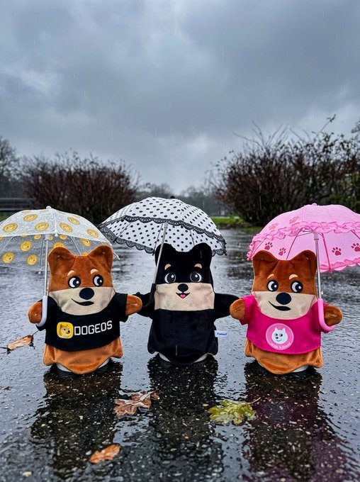 Three dog-like plush mascots holding colorful umbrellas stand in the rain on a wet road; the left one wears a shirt reading 'DOGEOS'.
